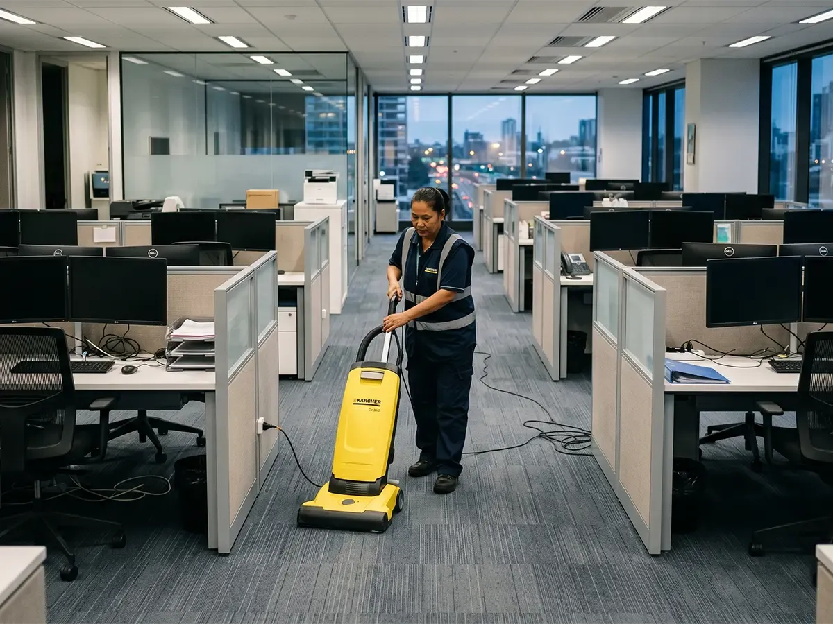 Professional cleaner vacuuming an office building